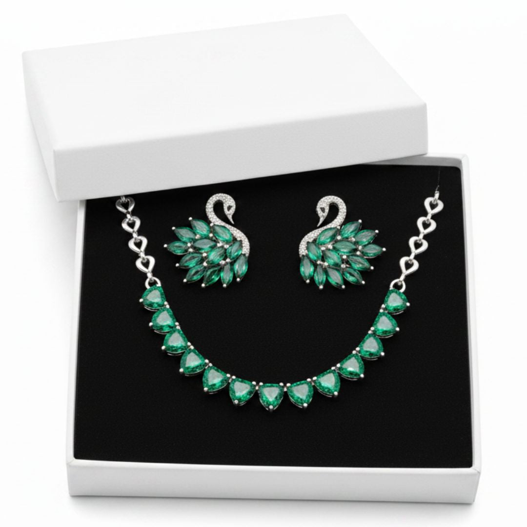 316L Stainless Steel - Silver Plated Green Zirconia Heart Necklace with Multi-Emerald Zirconia Swan Studs