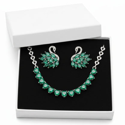 316L Stainless Steel - Silver Plated Green Zirconia Heart Necklace with Multi-Emerald Zirconia Swan Studs