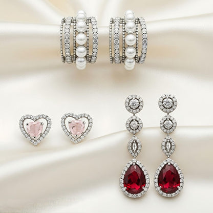 Silver Earrings Combo Set for Women | 3 Styles – Office Studs, Party Studs & Statement Dangler | Anniversary Special