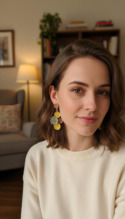Gold Plated in Stainless Steel - Ocean Sunburst : Hand-Painted Yellow & Blue Statement Plate Earrings