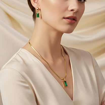 Gold-Plated Stainless Steel Chain with Emerald Pendant & Delicate Emerald Drop Hoop Earrings| Emerald Luxe Pendant & Drop Hoop Set