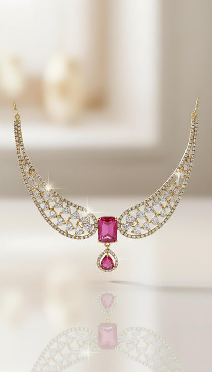 Red Stone Wing Statement Necklace with AD Stones in Golden Polish for Women