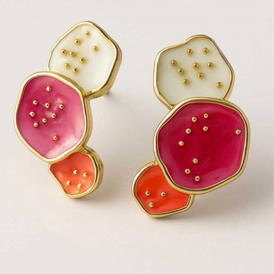 Gold Pleated in Stainless Steel Earrings - Sunset Whispers: Hand-Painted Pink & Orange Statement Earrings