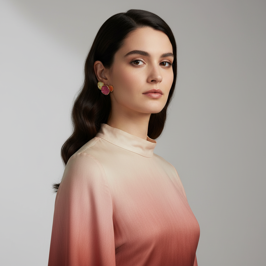 Gold Pleated in Stainless Steel Earrings - Sunset Whispers: Hand-Painted Pink & Orange Statement Earrings