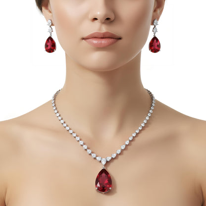 Royal Scarlet Elegance AD Jewelry Set in Brass with Red Drop Stone Necklace & Earrings.