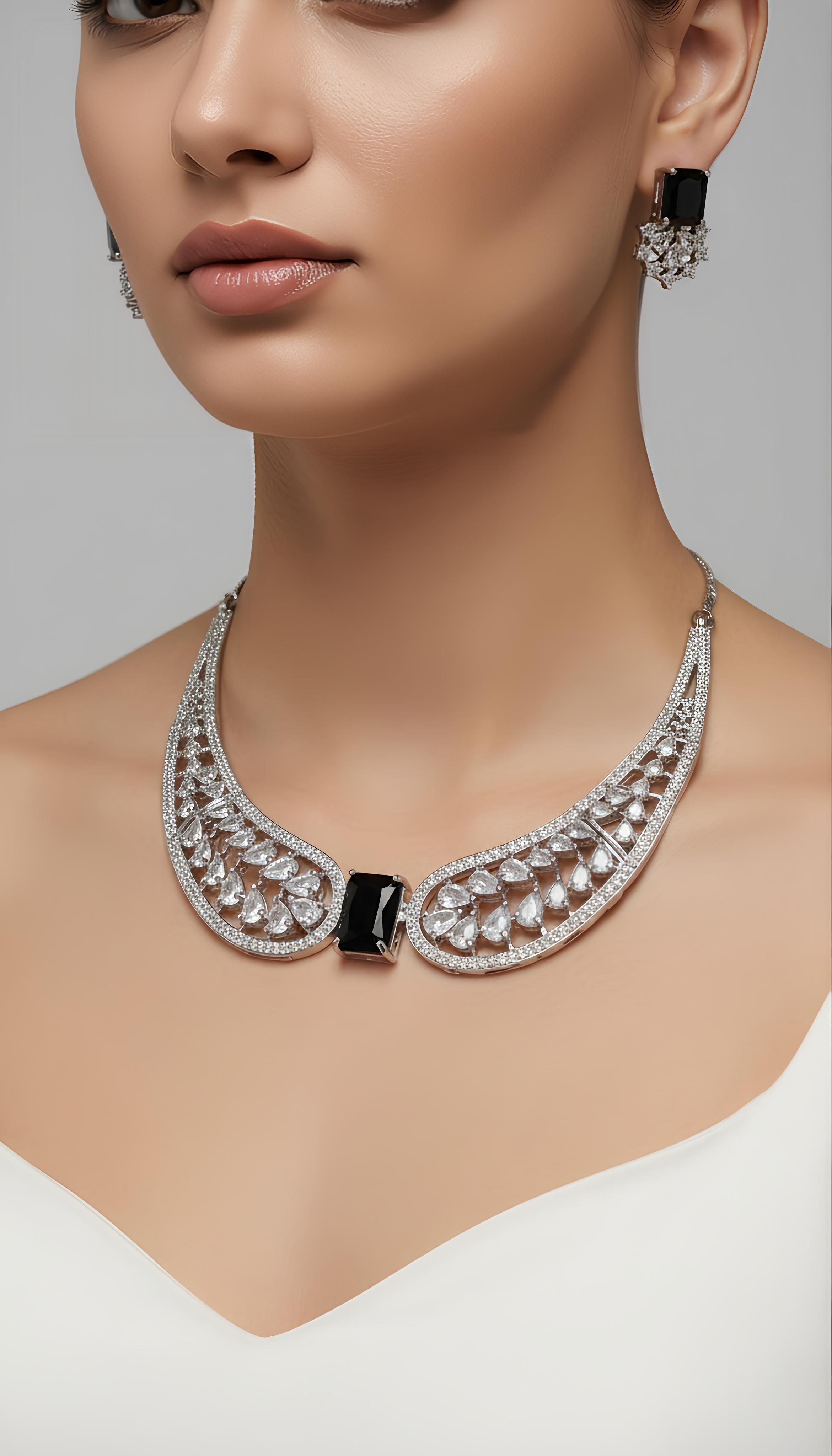 Blue Center Stone Wing Statement Necklace and Earrings Set for Women