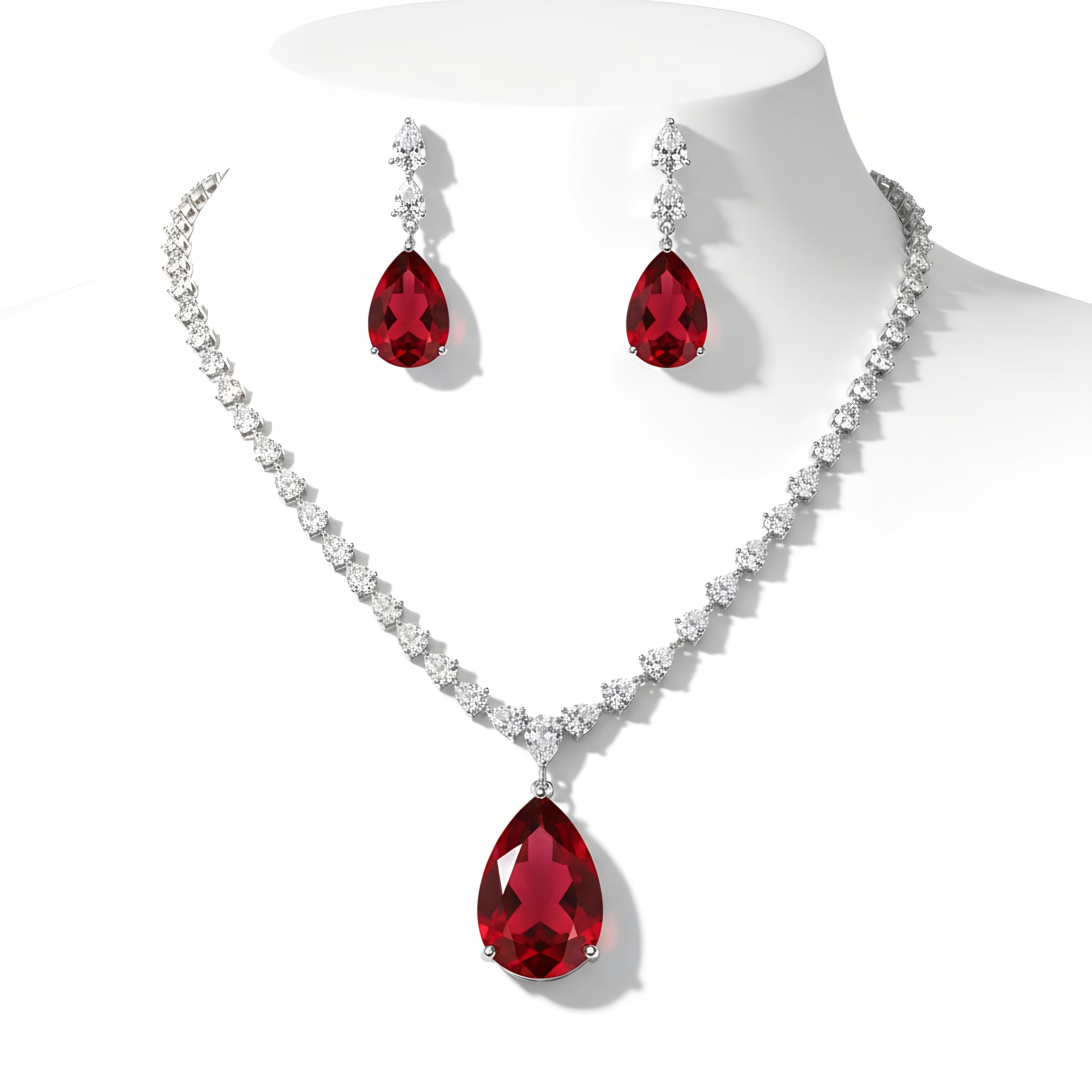 Royal Scarlet Elegance AD Jewelry Set in Brass with Red Drop Stone Necklace & Earrings.