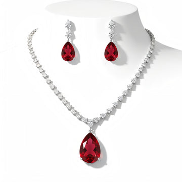 Royal Scarlet Elegance AD Jewelry Set in Brass with Red Drop Stone Necklace & Earrings.