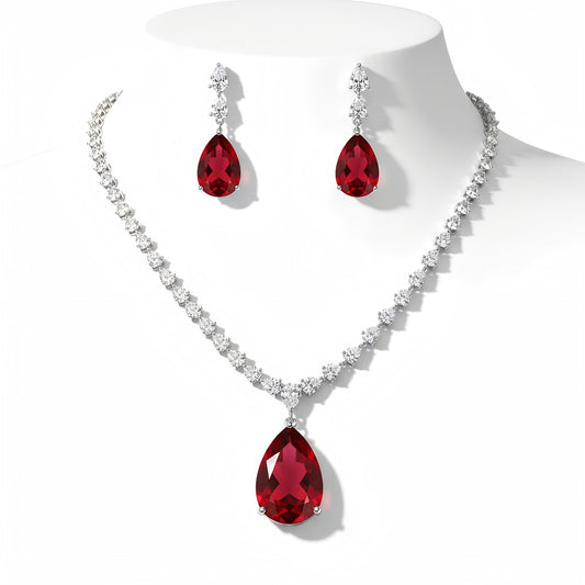 Royal Scarlet Elegance AD Jewelry Set in Brass with Red Drop Stone Necklace & Earrings.