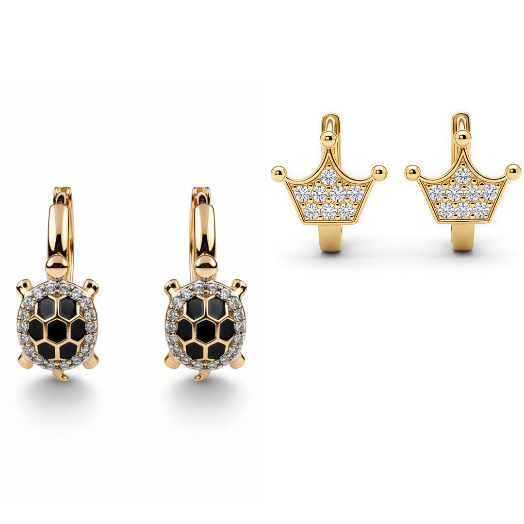 Gold Huggie Earrings Set of 2 | Tortoise Hoop & Crown Huggie | 18K Gold Plated Stainless Steel | Anniversary Special
