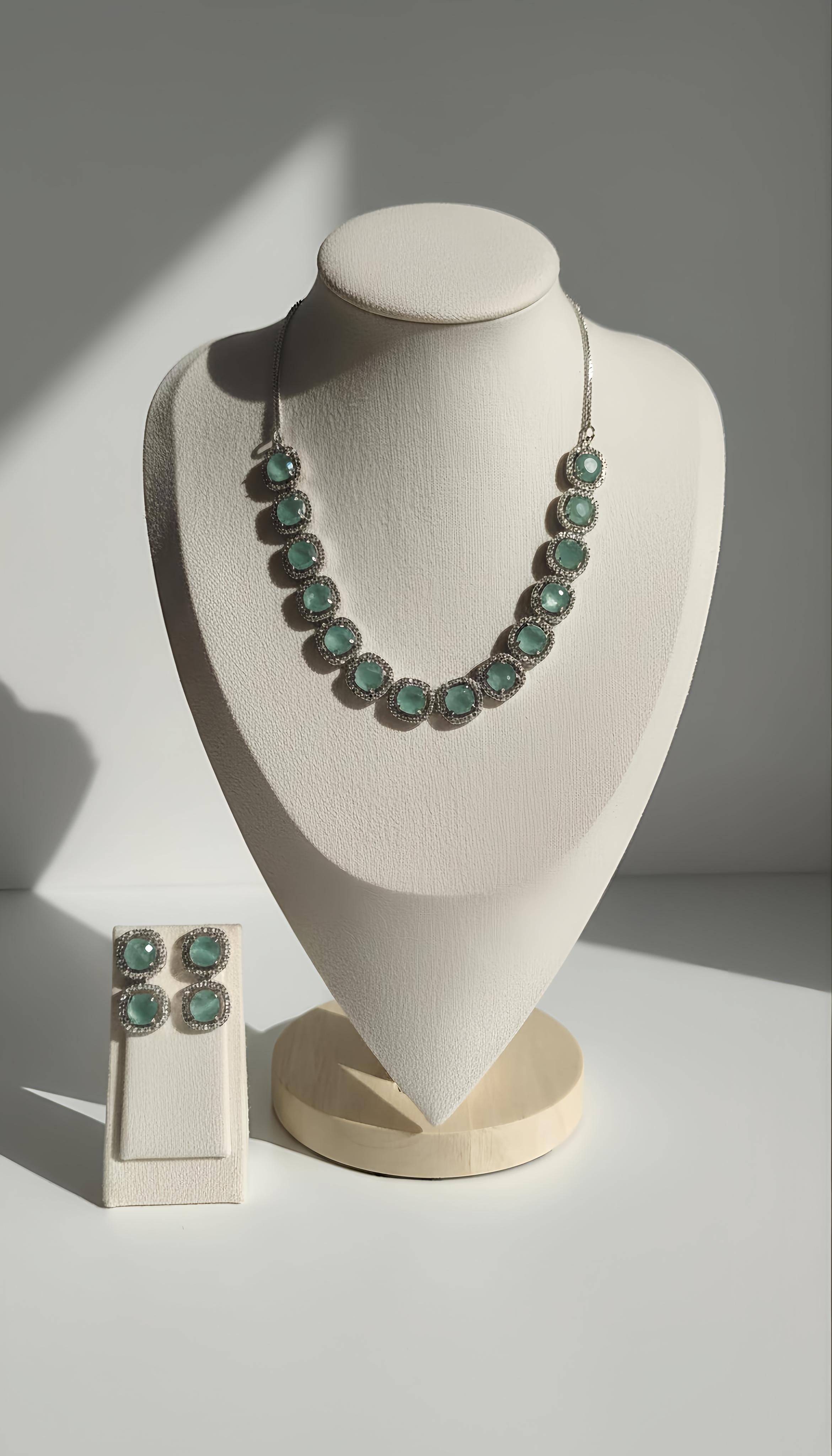 Mint Green Stone Necklace and Earrings Set in Silver Plating for Women