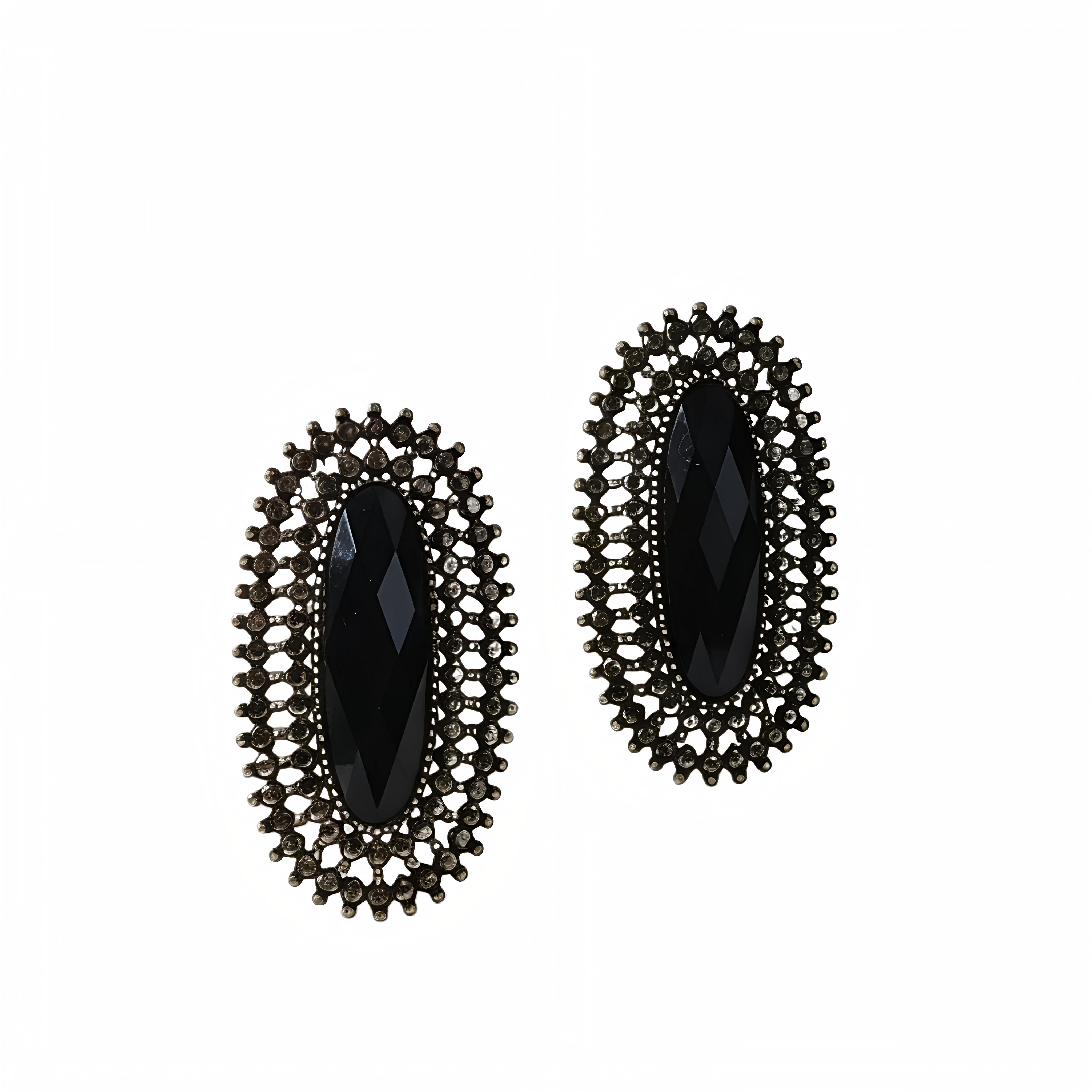 Antique Earrings - Statement Earrings with Black Oval Center Stone