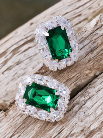 💚Clip-on Emerald Stud - Silver Geometric Crystal Clip-On Earrings