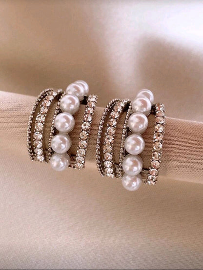 Cassee Hoop -Sterling Silver Pearl Decor Hoop Earrings with Cubic Zirconia