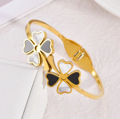Black n White Four-Leaf Clover Gold-Plated Stainless-Steel Bangle