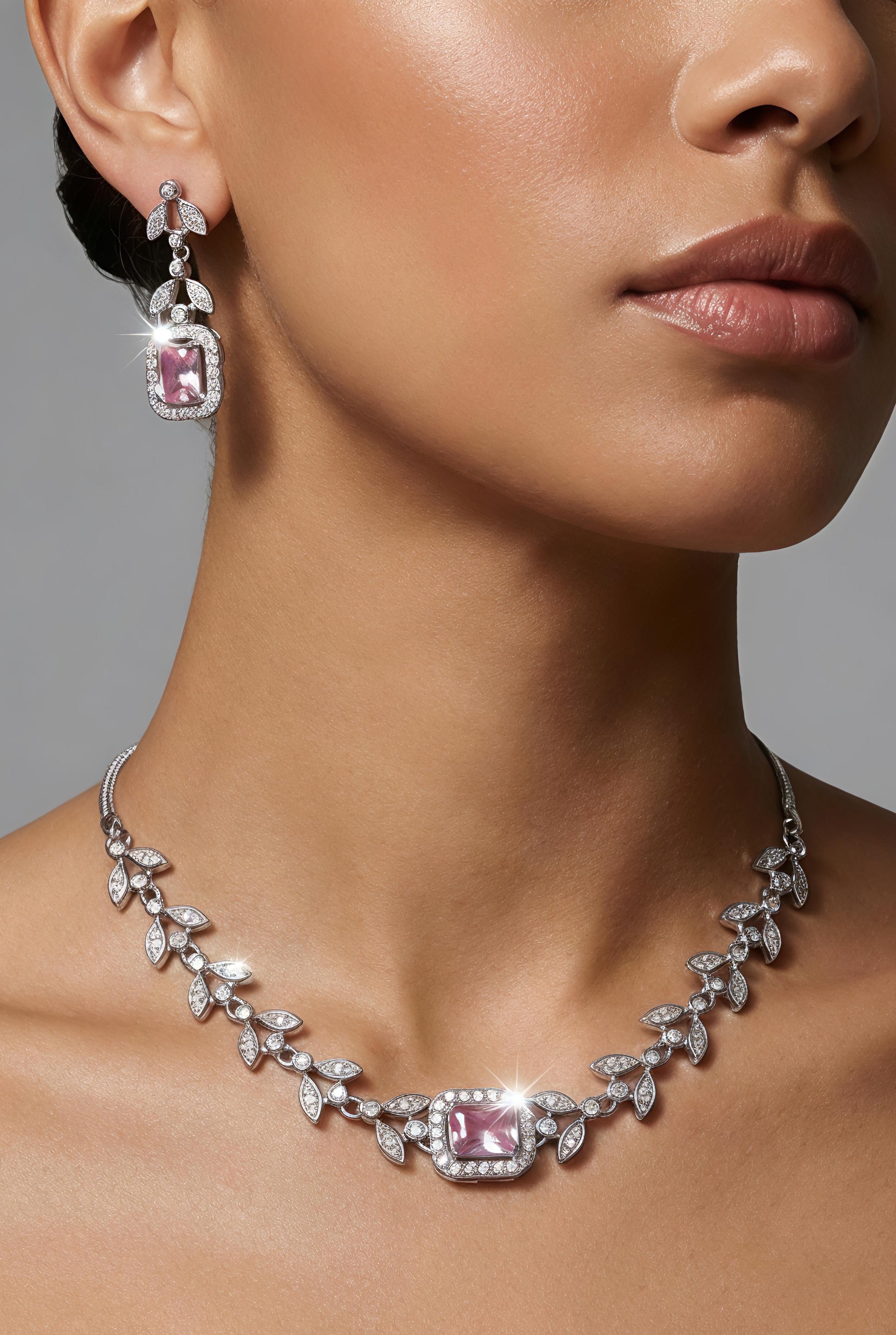 Choker Style AD Stone Necklace for Women | Elegant Silver Finish - Blush Pink 🩷