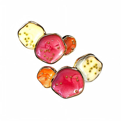 Gold Pleated in Stainless Steel Earrings - Sunset Whispers: Hand-Painted Pink & Orange Statement Earrings