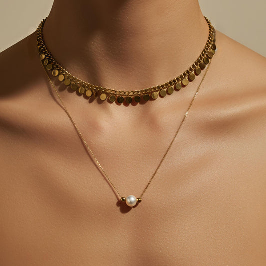 Minimal Gold-Plated Pearl Necklace Set | Modern Stainless-Steel Jewelry | Combo - 2 Necklaces