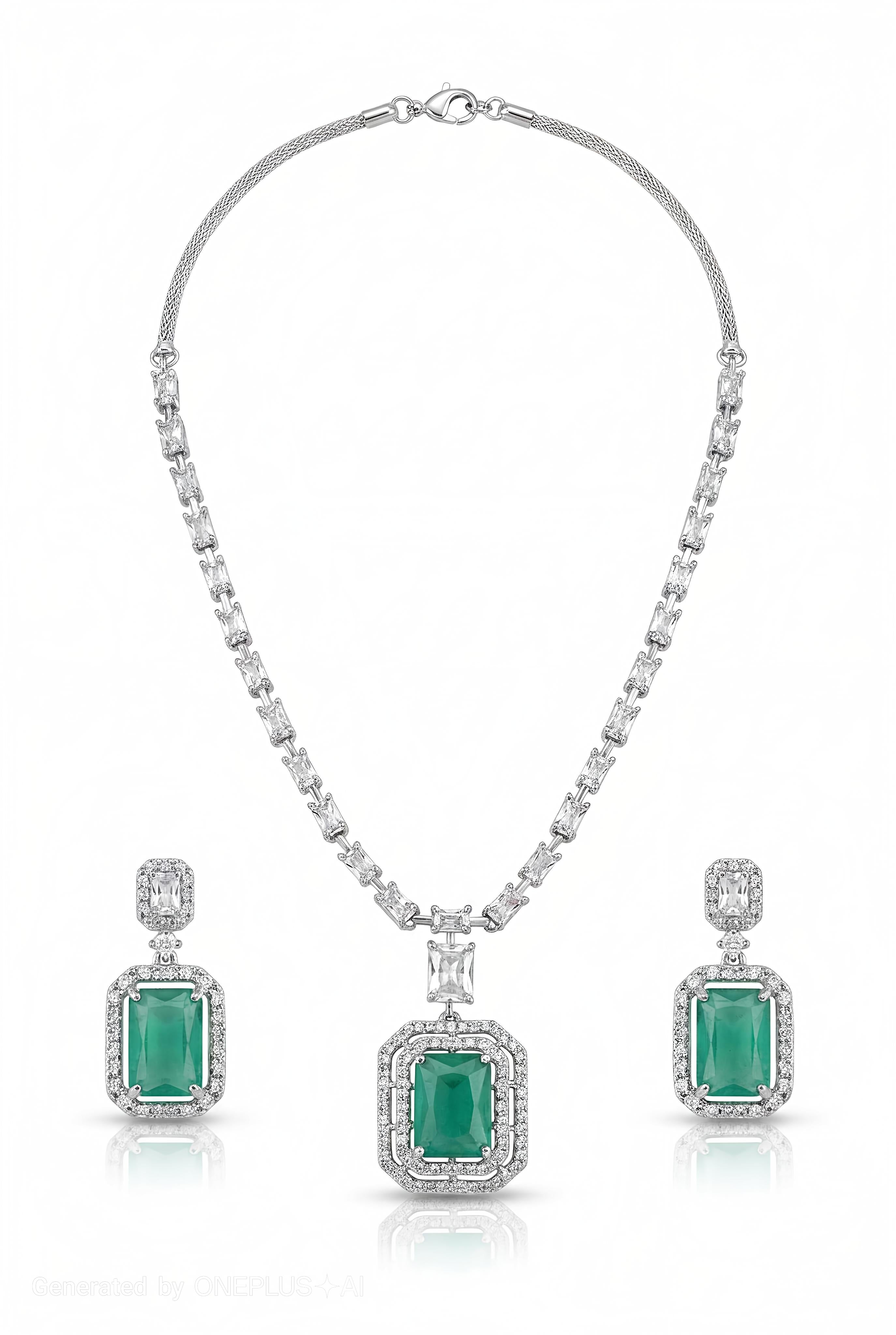 V-Neck AD Stone Necklace Set for Women | Elegant Silver Finish Jewelry - Mint Green