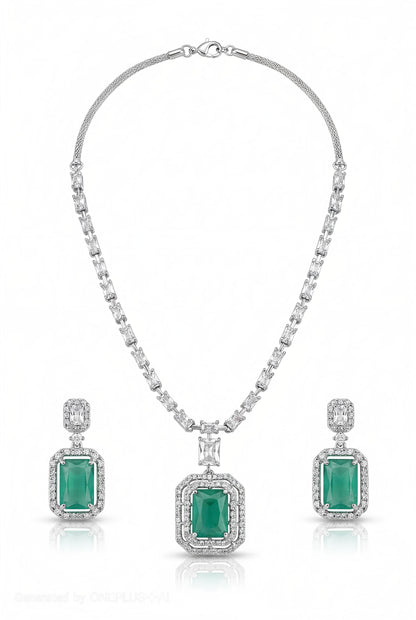 V-Neck AD Stone Necklace Set for Women | Elegant Silver Finish Jewelry - Mint Green