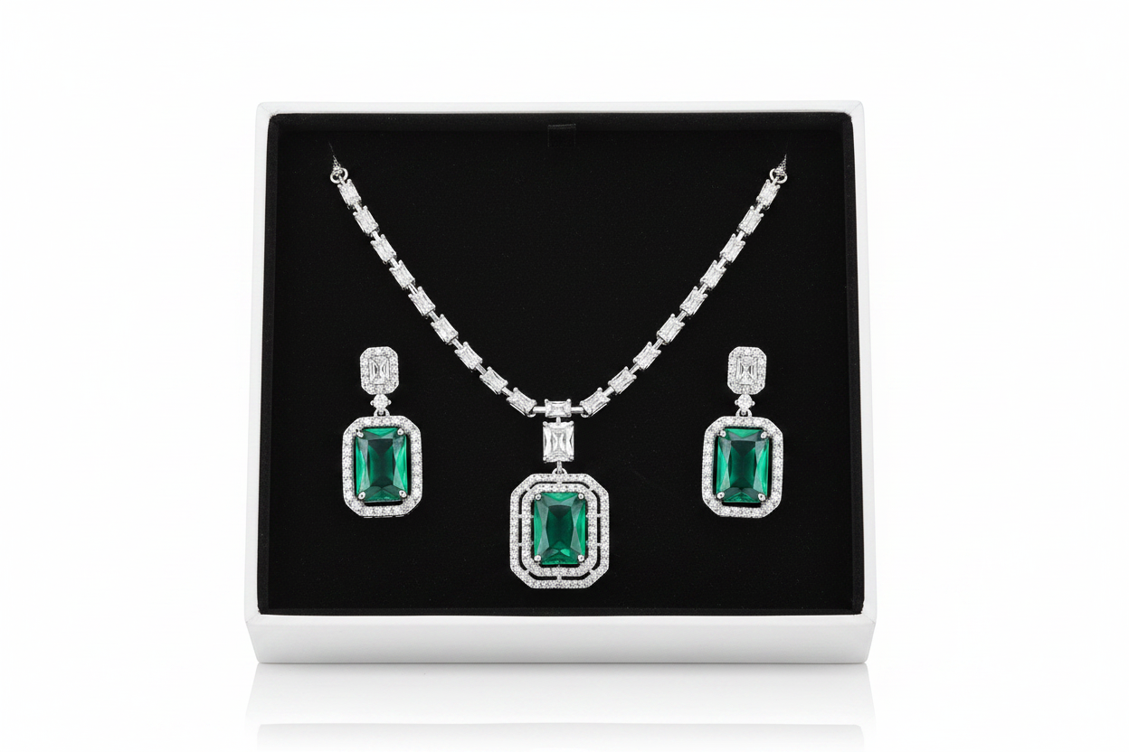 V-Neck AD Stone Necklace Set for Women | Elegant Silver Finish Jewelry - Mint Green