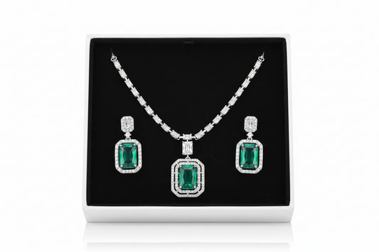 V-Neck AD Stone Necklace Set for Women | Elegant Silver Finish Jewelry - Mint Green