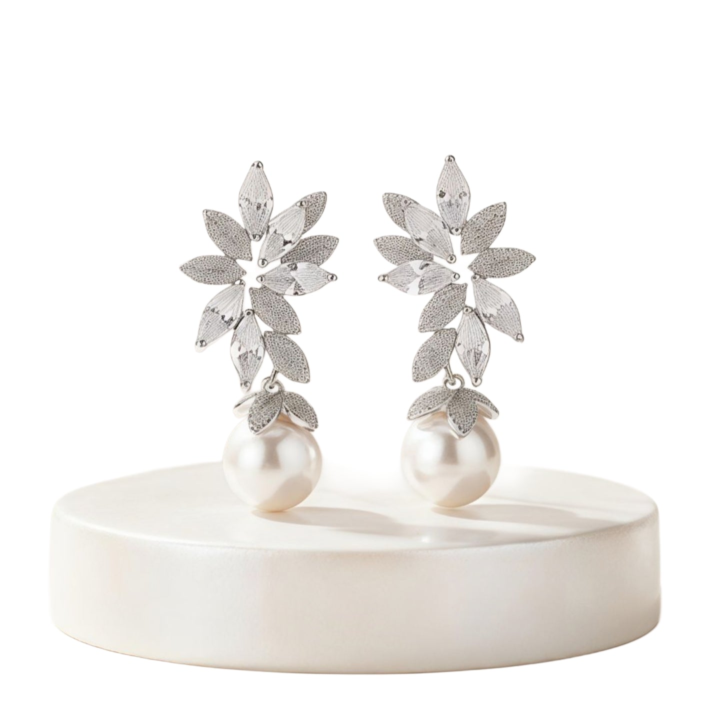 Elegant Big Cubic Zirconia Shell & Faux Pearl Flower Dangle Earrings (Silver Plated)