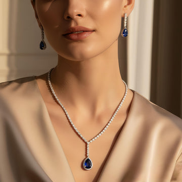 V-Neck AD Stone Necklace Set for Women | Elegant Silver Finish Jewelry - Blue