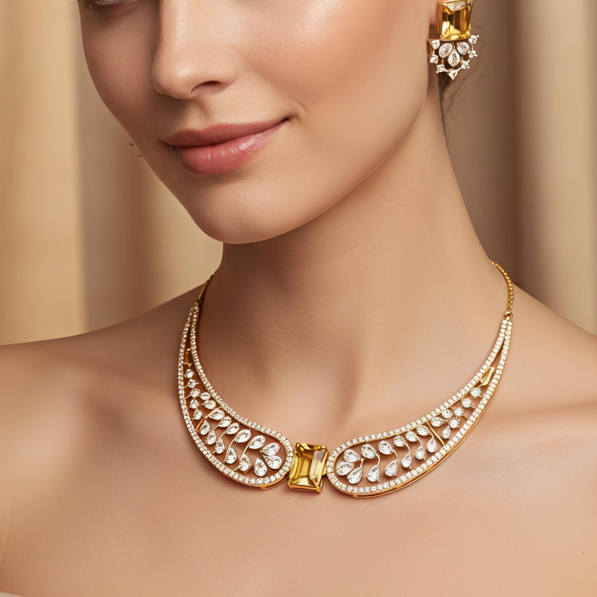 Yellow Stone AD Wing Necklace Set with Earrings | Gold Polish Jewelry for Women
