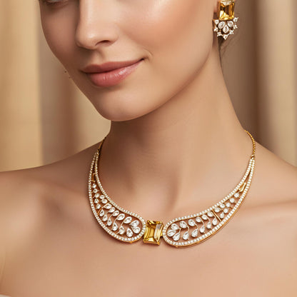 Yellow Stone AD Wing Necklace Set with Earrings | Gold Polish Jewelry for Women