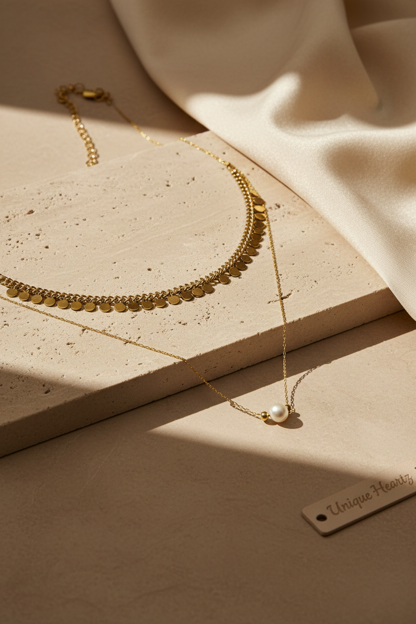 Minimal Gold-Plated Pearl Necklace Set | Modern Stainless-Steel Jewelry | Combo - 2 Necklaces