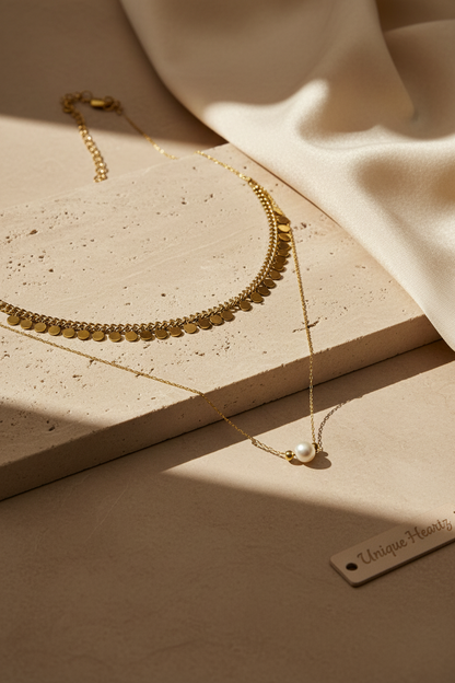 Minimal Gold-Plated Pearl Necklace Set | Modern Stainless-Steel Jewelry | Combo - 2 Necklaces