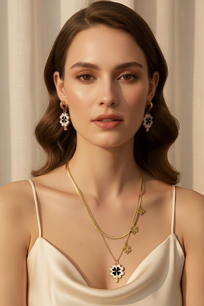 18K Gold Plating |Titanium Steel| Four-Leaf Clover Jewelry Set with Black Shell