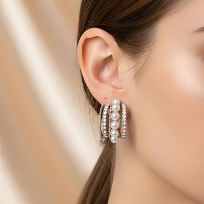 Cassee Hoop | Sterling Silver Pearl Decor Hoop Earrings with Cubic Zirconia