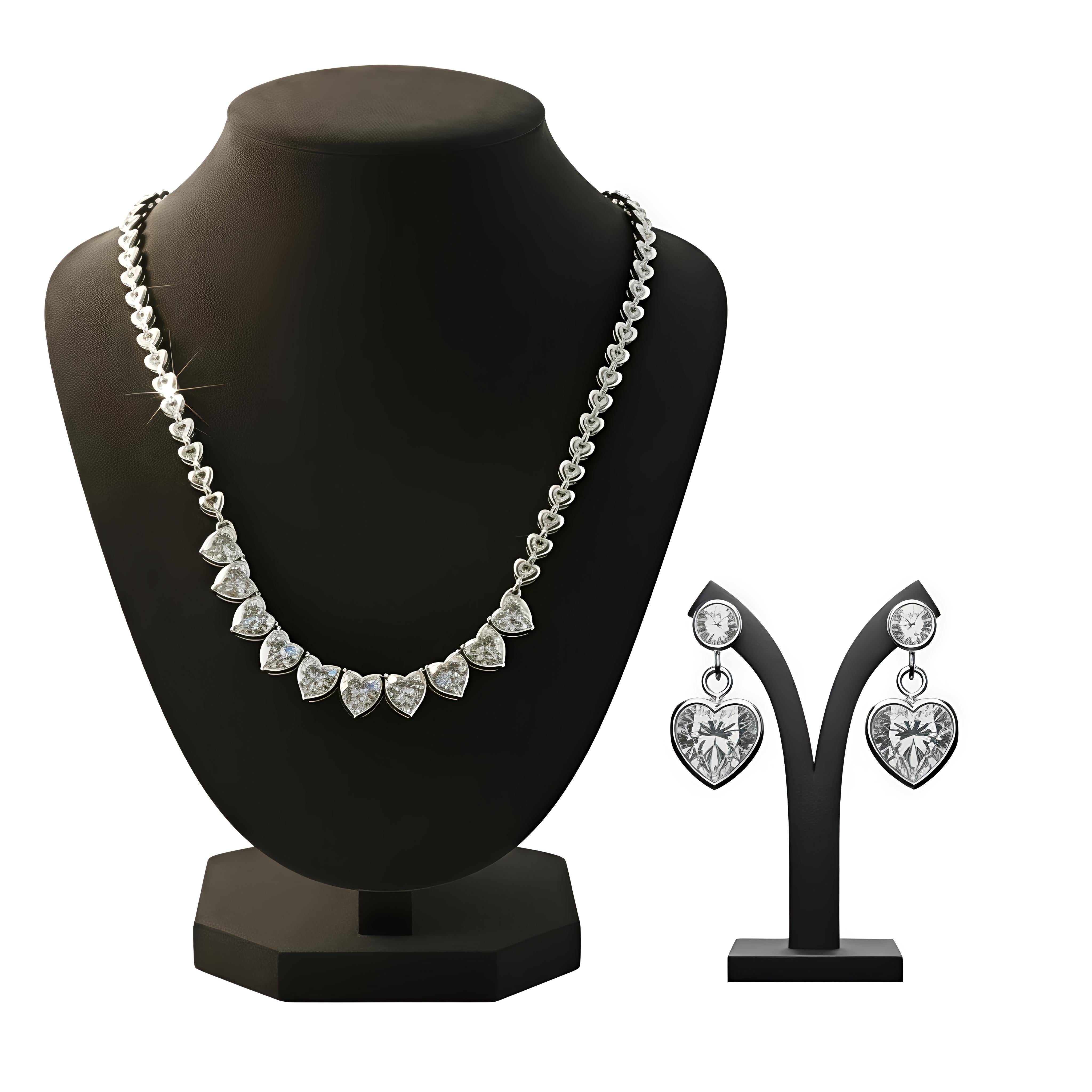 Silver-Plated Stainless-Steel - Delicate Necklace & Earrings Set with Zirconia Hearts