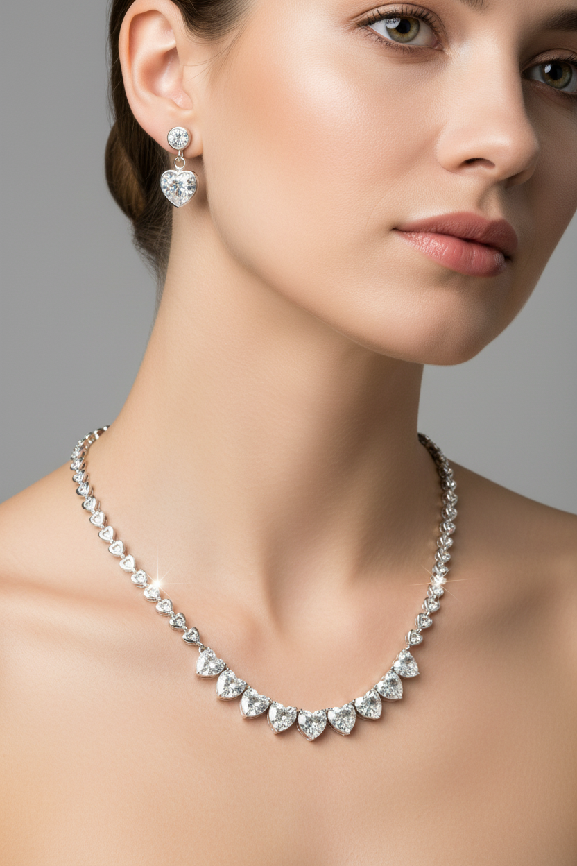 Silver-Plated Stainless-Steel - Delicate Necklace & Earrings Set with Zirconia Hearts