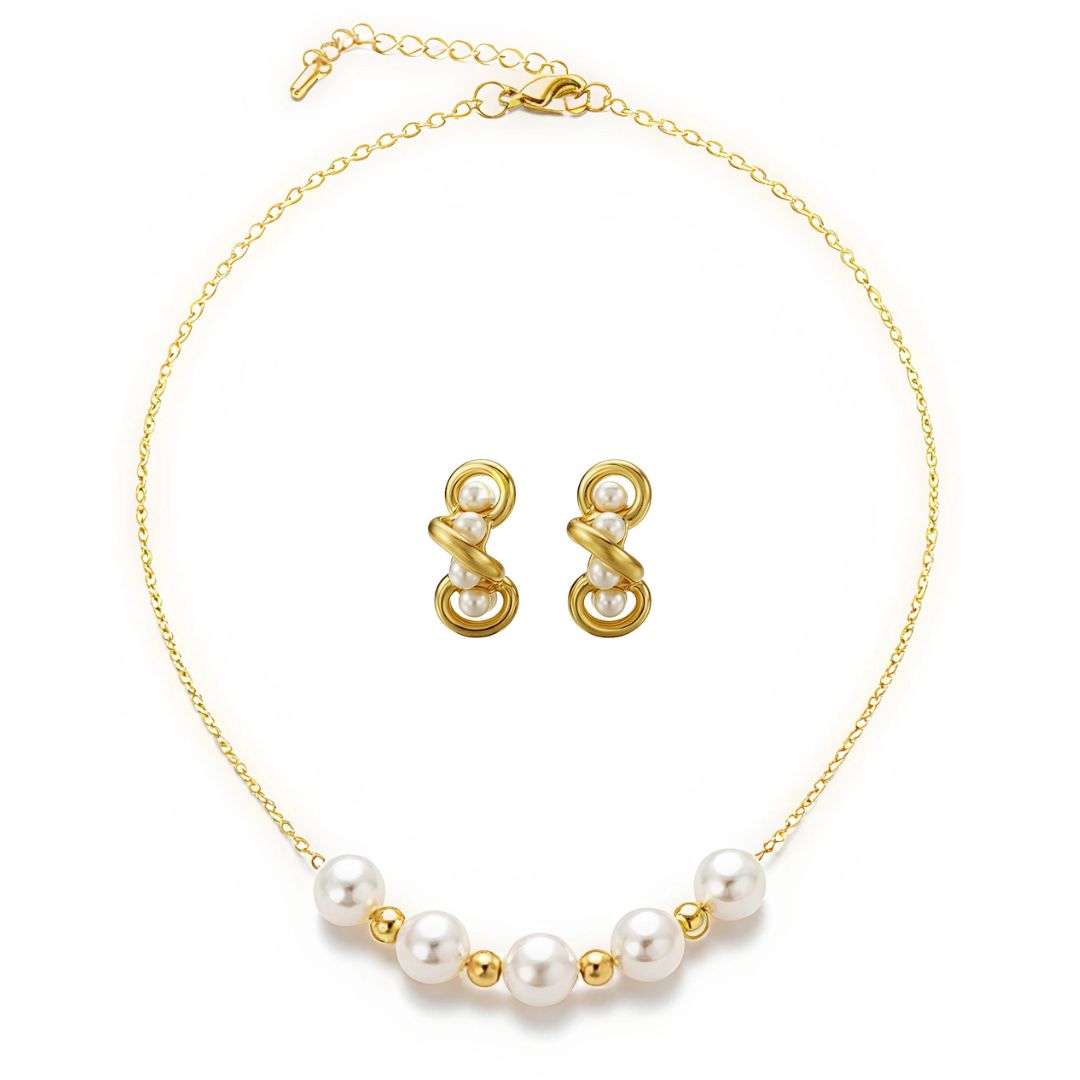 Gold Pleated Set in Stainless Steel - Golden Thread Pearl Necklace & Twirled Pearl Hoop