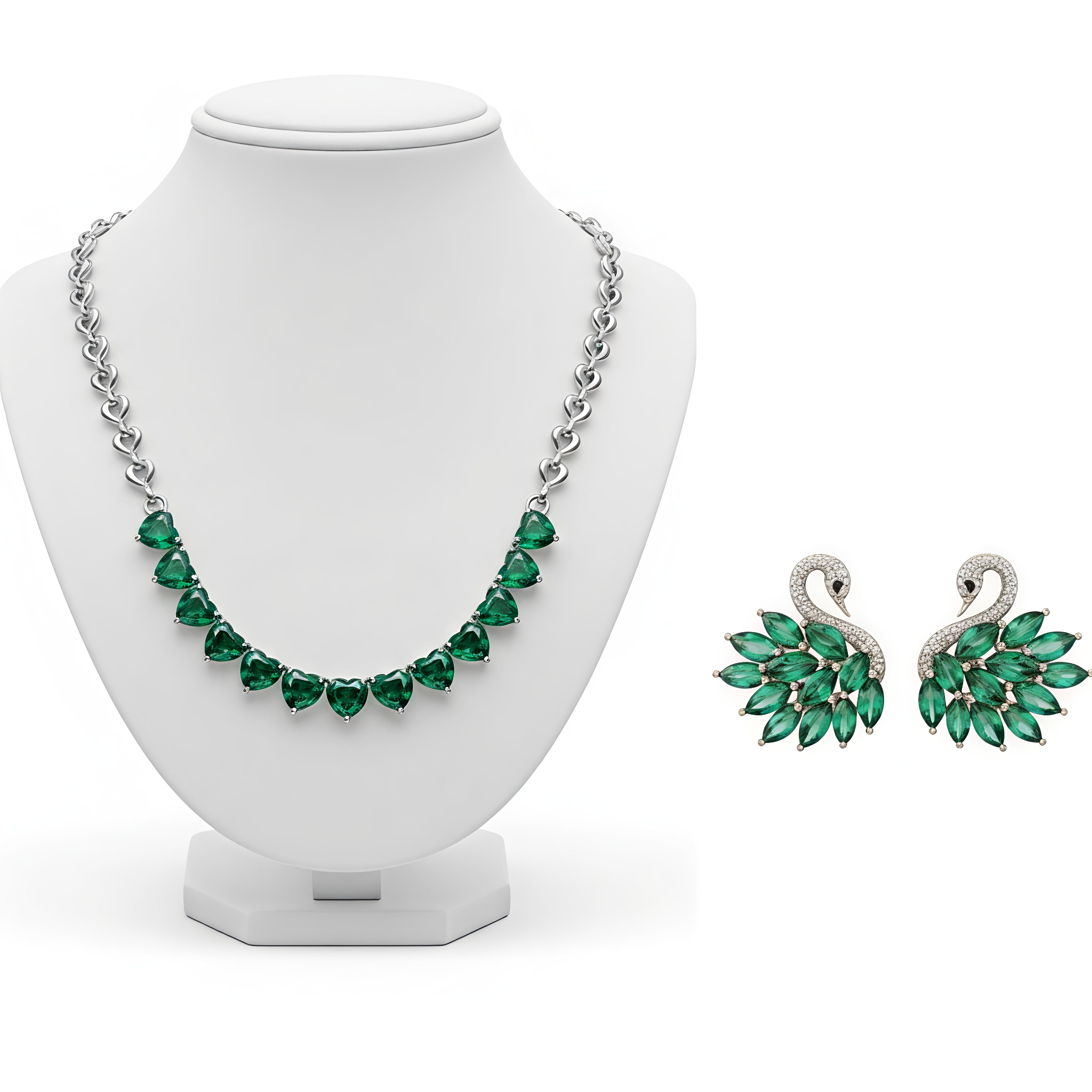 316L Stainless Steel - Silver Plated Green Zirconia Heart Necklace with Multi-Emerald Zirconia Swan Studs