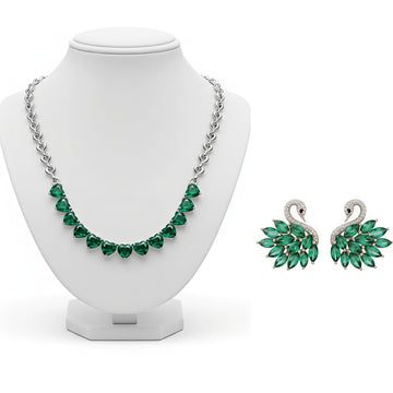 316L Stainless Steel - Silver Plated Green Zirconia Heart Necklace with Multi-Emerald Zirconia Swan Studs