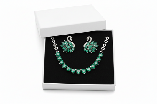 316L Stainless Steel - Silver Plated Green Zirconia Heart Necklace with Multi-Emerald Zirconia Swan Studs