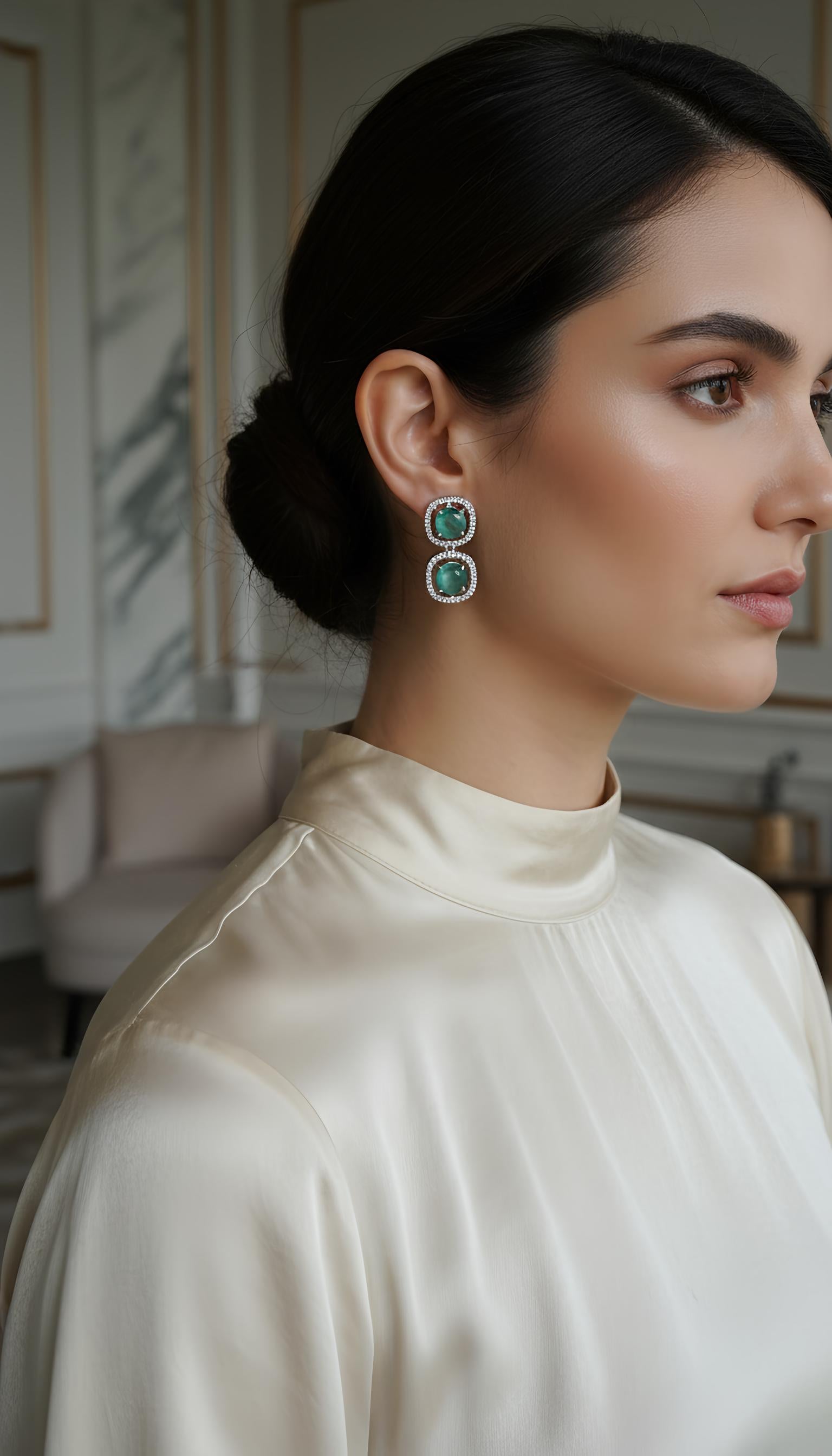 Mint Green Stone Necklace and Earrings Set in Silver Plating for Women