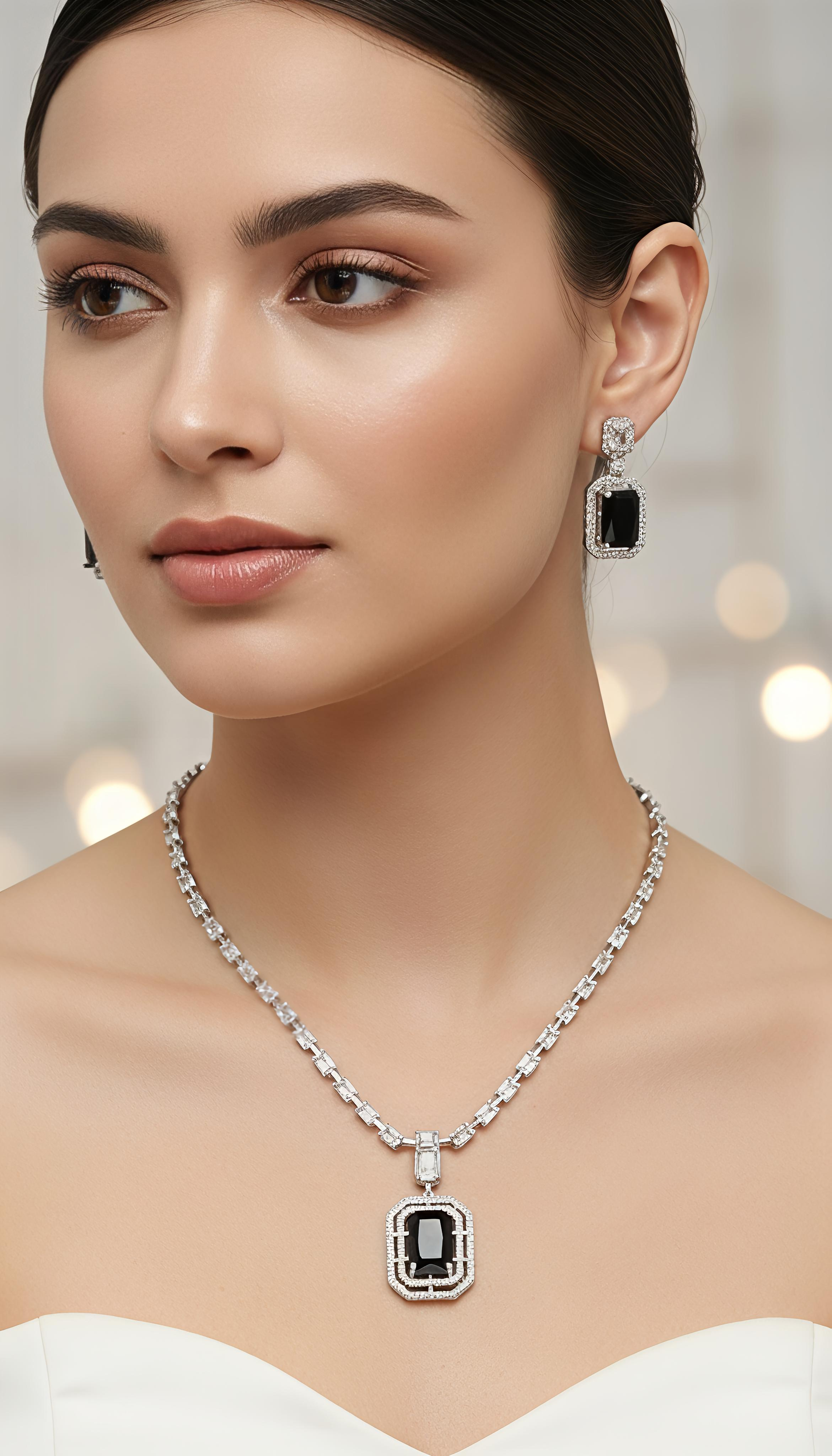 Square Pendant AD Necklace Set with Earrings in Blue