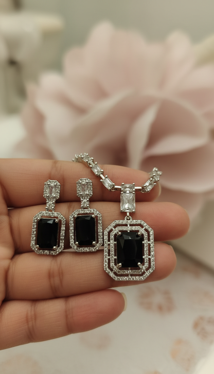 Square Pendant AD Necklace Set with Earrings in Blue