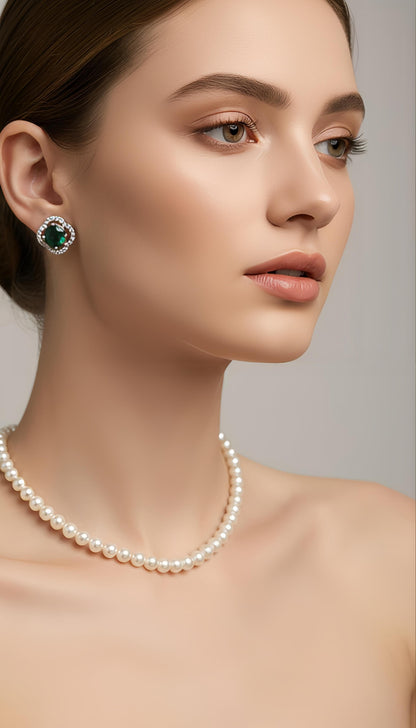 Silver Plated Pearl Necklace Set with Emerald Green Stud Earrings for Women