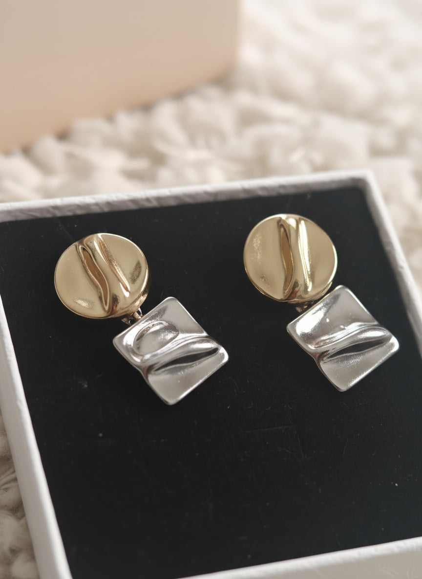 Dual Dangle Silver & Gold Earrings – Stainless Steel Geometric Round & Square Stud Earrings for Women