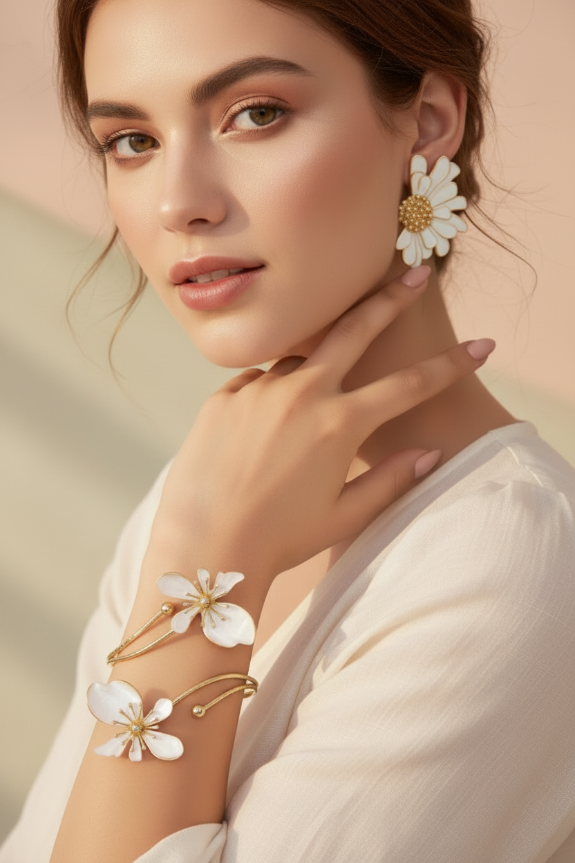 Summer Luxe Floral Jewelry Set in White & Gold | Bracelet & Earrings Combo | Anniversary Special