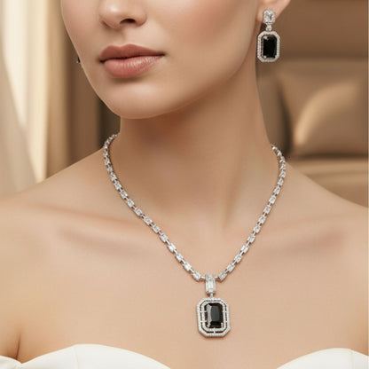 Square Pendant AD Necklace Set with Earrings in Blue