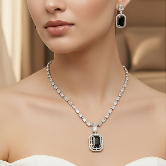 Square Pendant AD Necklace Set with Earrings in Blue