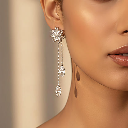Flower Design Long Tassel Earrings With Rhinestones – Copper Alloy