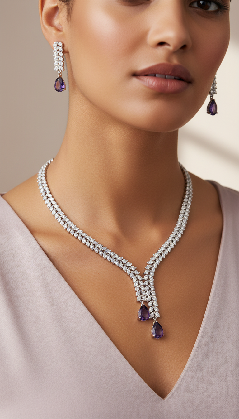 V-Neck AD Stone Necklace Set for Women | Elegant Silver Finish Jewelry in Lavender